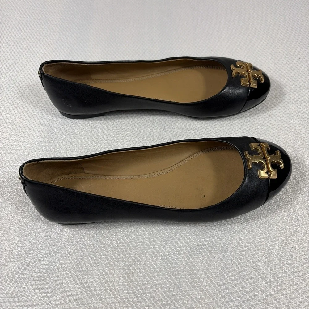 Tory Burch Laura‎ Ballet Gold Double T Logo.Size 6.5 Black Shoes